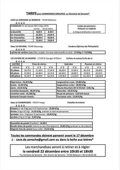 Tarifs pour commandes groupées au Domaine de Senoche